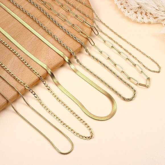 Gold Layered Necklace Set for Women Herringbone Snake Paperclip Chain Jewelry - Picture 6 of 7